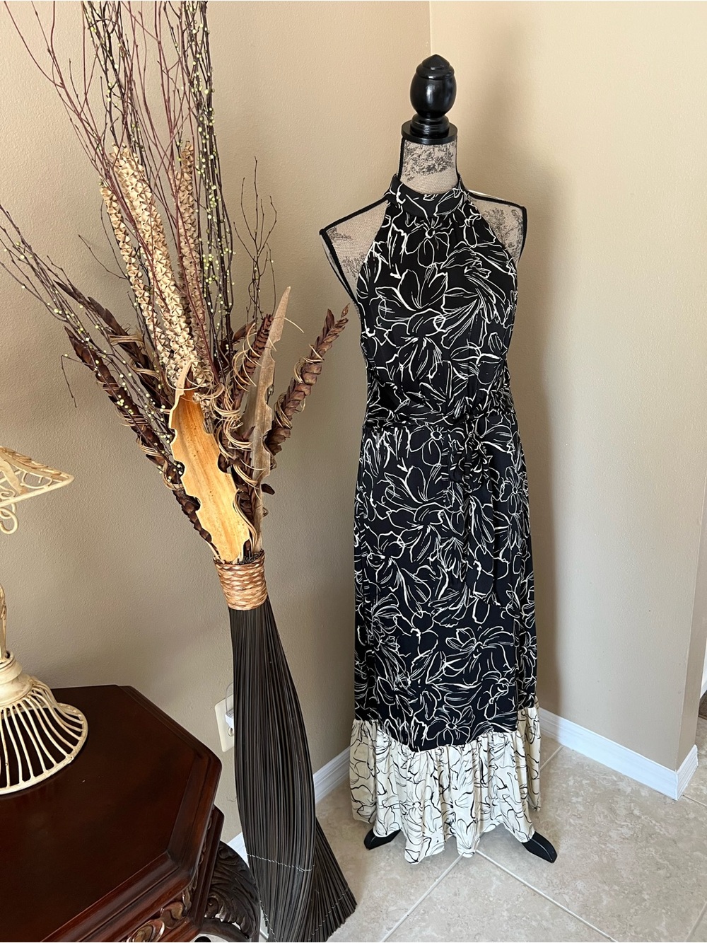 Chinese  Laundry Black Floral Halter Maxi with Cream Ruffle Hem